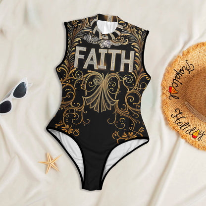 Faith Black & Gold Scrolls Women's Zip One Piece Swimsuit