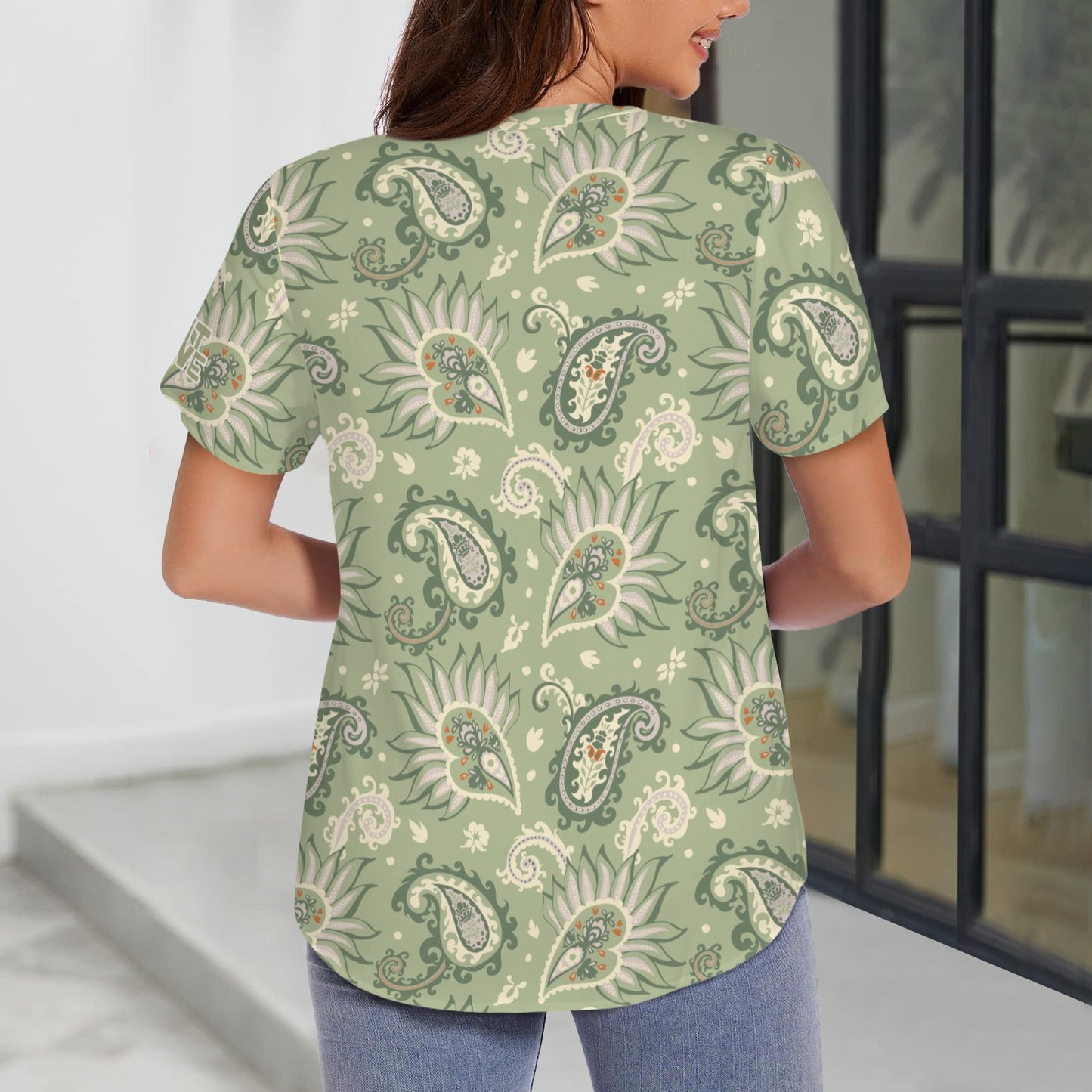 "Repent & Believe" Green Paisley Women's V-Neck Button Short Sleeve Blouse Tops