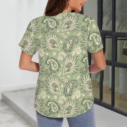 "Repent & Believe" Green Paisley Women's V-Neck Button Short Sleeve Blouse Tops