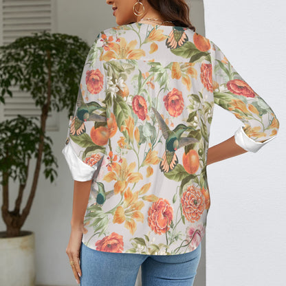 "Faith Ephesians 2:8" Orange Floral Floral Women's V-Neck Cuffed Sleeve Blouse Tops