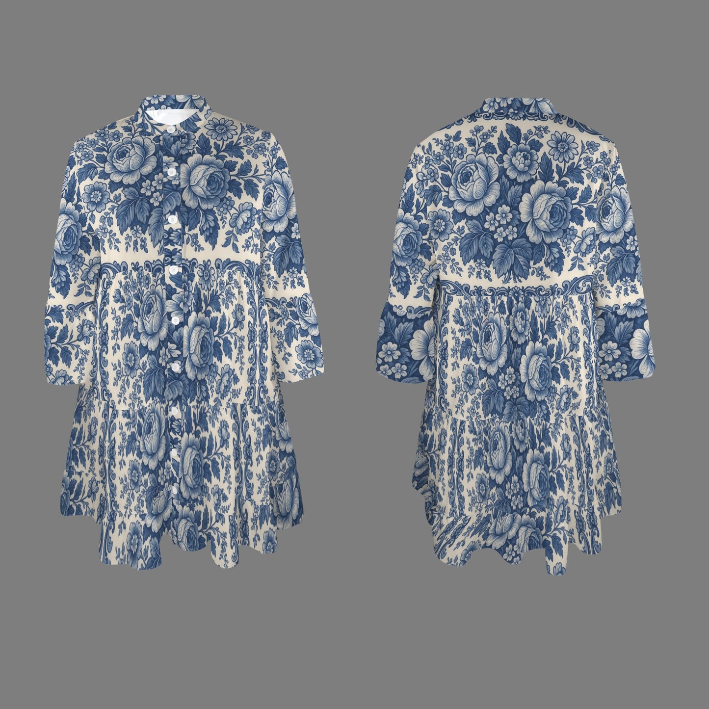 "Repent & Believe" Blue White Floral  Women's Flared Sleeve Button Tiered Shirt Dress