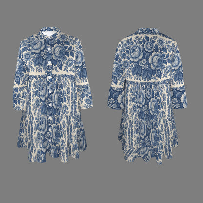 "Repent & Believe" Blue White Floral  Women's Flared Sleeve Button Tiered Shirt Dress