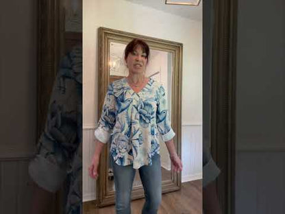 "Faith Ephesians 2:8" Blue & White Birds & Floral Women's V-Neck Cuffed Sleeve Blouse Tops