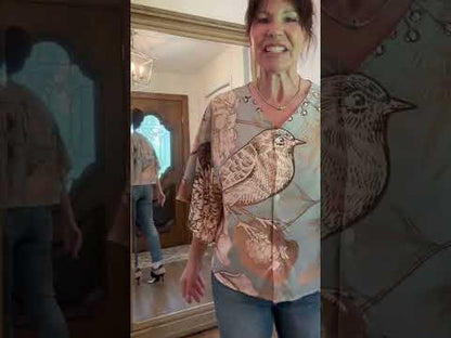 "Jesus Saves" Floral Bird Print Women's Bat Sleeve V-neck Buttoned Top