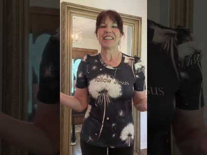 "Follow Jesus" Black & White Dandelion Women's Round Neck Puff Sleeve T-Shirts